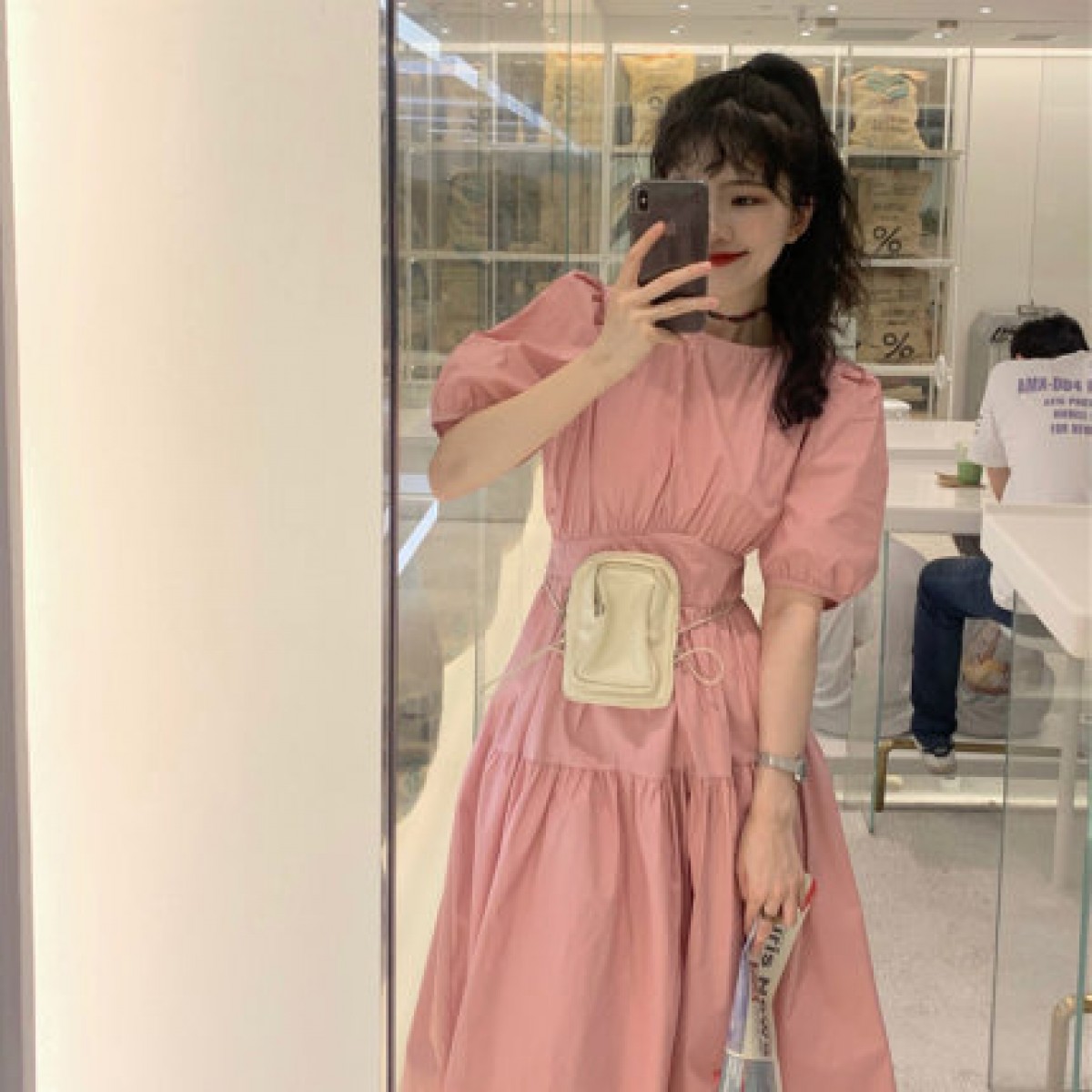 2021年新款长裙子超仙女森系法式甜美收腰显瘦气质粉色连衣裙女夏