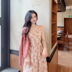 2021新款长裙子超仙女森系收腰显瘦气质女神范吊带碎花连衣裙女夏
