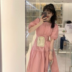 2021年新款长裙子超仙女森系法式甜美收腰显瘦气质粉色连衣裙女夏